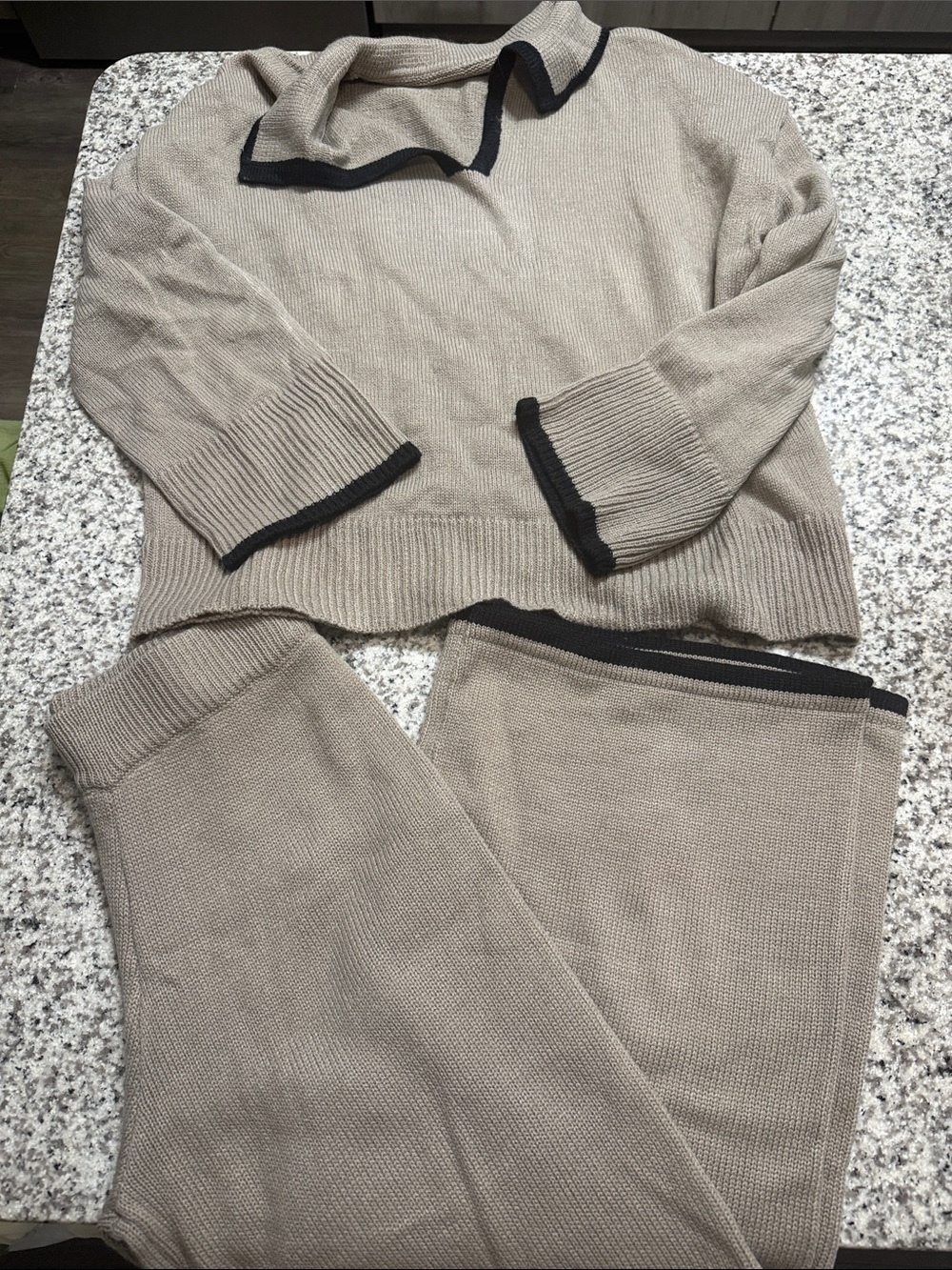 Womens Beige Knit Sweater with Black Trim & Matching Pants